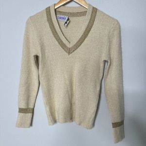 Vintage Sweater Lambswool Angora Blend Ivory Metallic Gold Sz Small Chest 30”